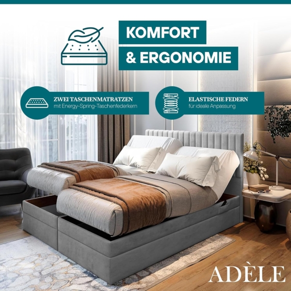 TRADA Boxspringbett ADELE mit Taschenmatratze & Topper 180x200 cm (Set, Bett (zwei Bettkasten) + Matratz + Topper), Elektrische Zahnstangenverstellung per Fernbedienung Bild 7