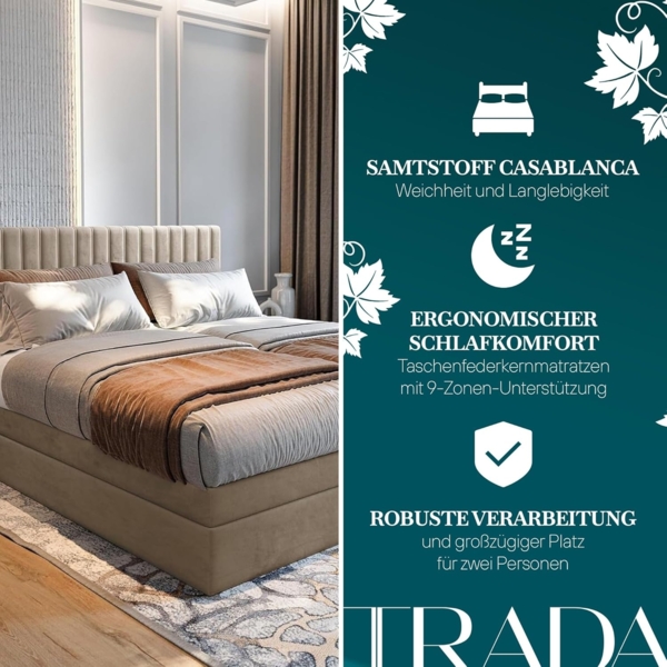 TRADA Boxspringbett ADELE mit Taschenmatratze & Topper 180x200 cm (Set, Bett (zwei Bettkasten) + Matratz + Topper), Elektrische Zahnstangenverstellung per Fernbedienung Bild 6