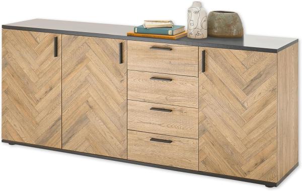 SEVILLA Sideboard mit Fischgrätenmuster in Bartex Eiche Optik, Schwarz - Moderne Kommode mit Schubladen und viel Stauraum - 184 x 83 x 38 cm (B/H/T)