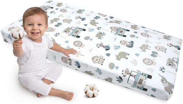 Medi Partners Spannbettlaken 60x120 Baby Bettlaken Kinderbett Spannbetttuch 100% Baumwolle - Fitted Kinder Sheet Bettwäsche Babymatratze Schlafsack Babybett (Minze-Zoo)