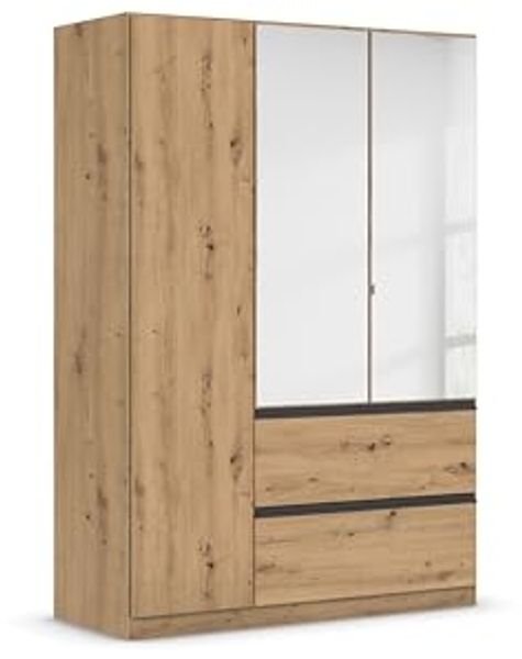 Rauch Möbel Costa, Kleiderschrank für Schlafzimmer, Kinderzimmer, Babyzimmer, Garderobe, 3-türig, Spiegel, 2 Schubladen, Push-to-Open, Zubehör Premium, Farbe Eiche Artisan, Holz, Breite 136 cm