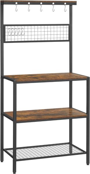 Vasagle 'KKS17BX' Standregal für die Küche, Küchenregal im Industrie-Design, Regalebenen in Holzoptik, 10 Haken, Gitterablage aus Metall, für Mikrowelle, Vintage, dunkelbraun, 170 x 80 x 40 cm