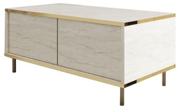 Modern Coffee Table, Travertine & Gold, 90 x 40 x 45 cm | 100% Melamine Coated Particle Board, 18 mm Thick | Glamorous Marble Design for Stylish Living Spaces