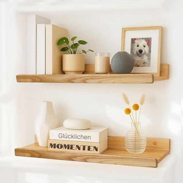 Wood Wedge 2er-Set Schwebende Wandregal, Rustikale Holzregale mit Lippe, Kinderbücherregale, Bild & Fotoregal für Schlafzimmer, Wohnzimmer, Badezimmer, Küche, Büro (natürlich 60cm)