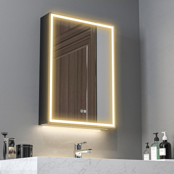 HOMCOM Spiegelschrank mit LED-Beleuchtung, Anti-Beschlag, 3 Lichtfarben, Memory-Funktion (Hängeschrank, 1-St, Badezimmerschrank) für Badezimmer, Schwarz, 50 x 12,8 x 70 cm