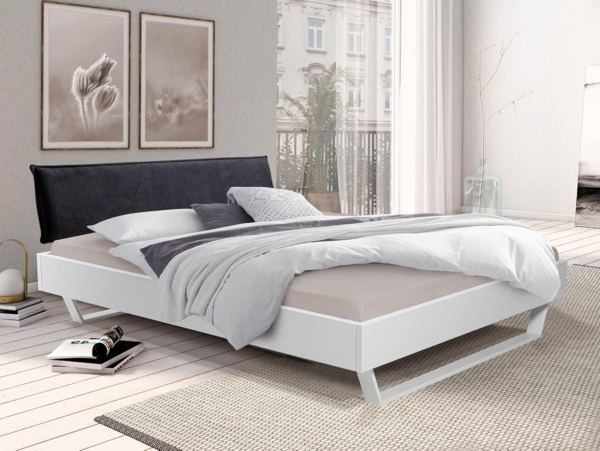 Möbel-Eins LUKY Kufenbett mit Polsterkopfteil, Material Massivholz, Fichte massiv, Kufen weiss weiss 140x220 cm Stoff Anthrazit Bild 2