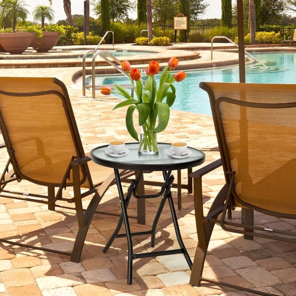 FANTASK Klappbar Beistelltisch, Klein Balkontisch wetterfest mit Tischplatte aus gehärtetem Glas, Kaffeetisch für Balkon, Garten, Terrasse, 46 x 46 x 47 cm, Transparent + Schwarz Bild 6