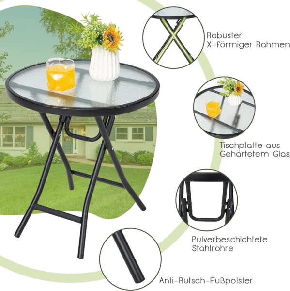 FANTASK Klappbar Beistelltisch, Klein Balkontisch wetterfest mit Tischplatte aus gehärtetem Glas, Kaffeetisch für Balkon, Garten, Terrasse, 46 x 46 x 47 cm, Transparent + Schwarz Bild 5