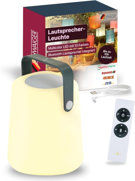 SCHWAIGER 661767 Tragbare Tischleuchte Bluetooth Lautsprecher Akku RGB LED Nachttischlampe Außenlicht Outdoor Gartenlampe Musiklautsprecher Henkel 10W spritzwassergeschützt