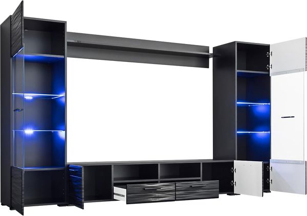Wohnwand Modica, LED-Beleuchtung mit Fernbedienung (15 veränderbare Farben, 4 Programme), Farbe: Schwarz / Sahara Hochglanz Bild 3