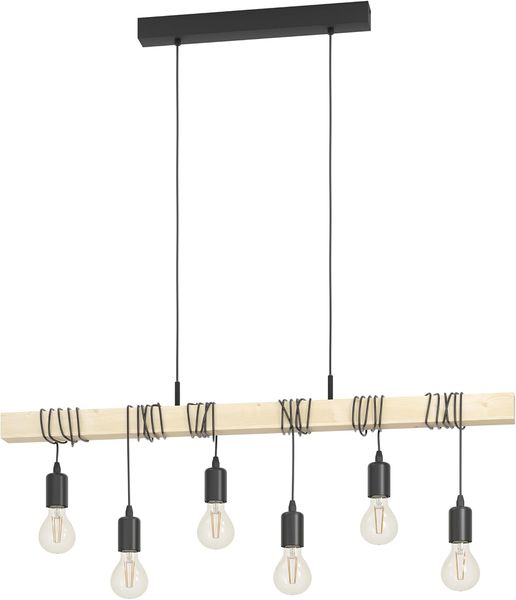 Eglo 95499 Pendelleuchte Townshend Stahl schwarz, Holz braun E27 6X40W L:100cm H:110cm dimmbar
