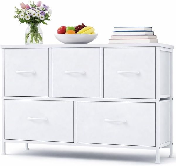 DUMOS Antonia Kommode für Schlafzimmer mit 5 Stoffschubladen, kleine Kommode Organizer Einheiten für Kleidung, Schrank, Kinderzimmer, Aufbewahrungsturm mit Schrank, Metallrahmen, Holzplatte, leichte