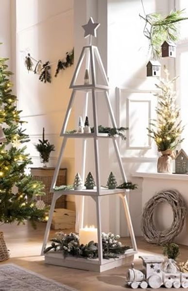 Dekoleidenschaft Standregal Dekotanne "Shabby White" aus Holz, weiß, Pyramide mit 4 Ebenen, 175 cm, hoch, Regal für Wohnzimmer, Küche & Bad, Weihnachtsbaum Alternative