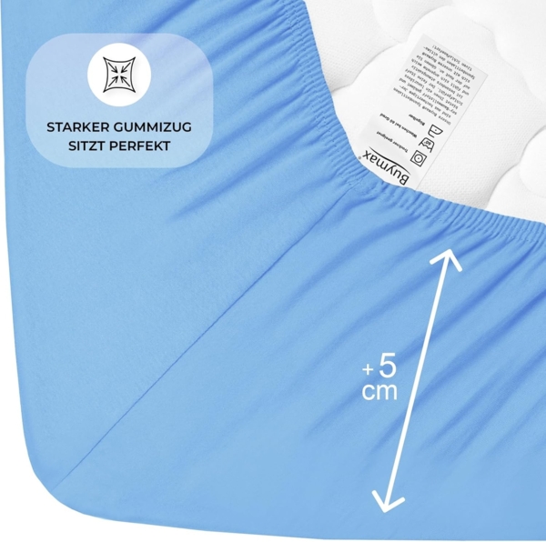 Buymax® Spannbettlaken 140x200 cm Doppelpack 100% Baumwolle Spannbetttuch Bettlaken Jersey, Matratzenhöhe bis 25 cm, Farbe Hellblau Bild 4