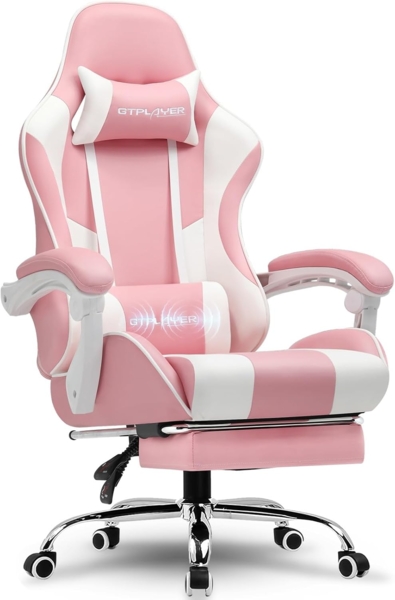 GTPLAYER Gaming Stuhl, Bürostuhl, Ergonomischer Pc Stuhl, Gaming Sessel mit Massagelendenwirbelstütze, Task Stühle mit Fußstütze und Kopfstütze, Rosa Kunstleder Bild 1