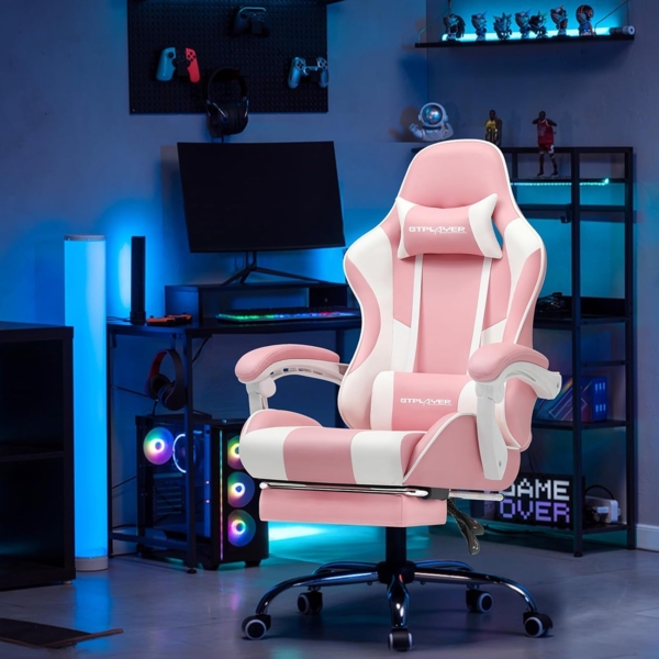 GTPLAYER Gaming Stuhl, Bürostuhl, Ergonomischer Pc Stuhl, Gaming Sessel mit Massagelendenwirbelstütze, Task Stühle mit Fußstütze und Kopfstütze, Rosa Kunstleder Bild 7