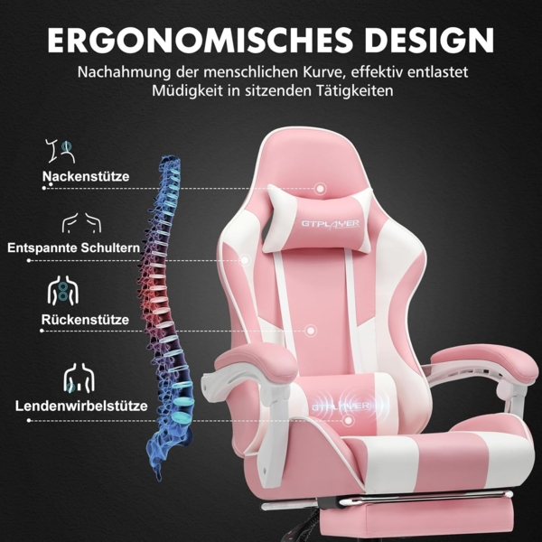 GTPLAYER Gaming Stuhl, Bürostuhl, Ergonomischer Pc Stuhl, Gaming Sessel mit Massagelendenwirbelstütze, Task Stühle mit Fußstütze und Kopfstütze, Rosa Kunstleder Bild 5