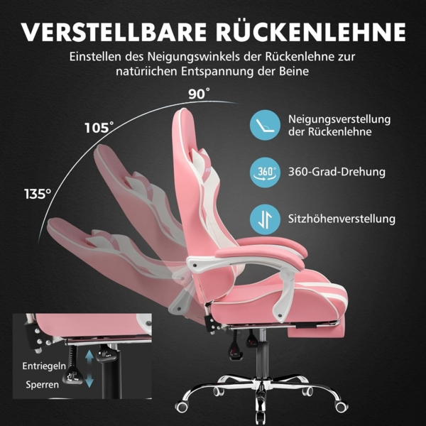 GTPLAYER Gaming Stuhl, Bürostuhl, Ergonomischer Pc Stuhl, Gaming Sessel mit Massagelendenwirbelstütze, Task Stühle mit Fußstütze und Kopfstütze, Rosa Kunstleder Bild 6