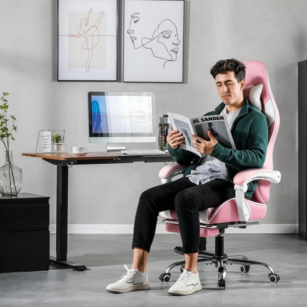 GTPLAYER Gaming Stuhl, Bürostuhl, Ergonomischer Pc Stuhl, Gaming Sessel mit Massagelendenwirbelstütze, Task Stühle mit Fußstütze und Kopfstütze, Rosa Kunstleder Bild 2