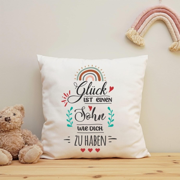 GRAVURZEILE Zierkissen mit Spruch - Glück ist - Geschenk für Freunde & Familie -, starke Farben ohne verblassen - Sohn - mit Füllung Bild 5