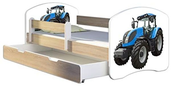 Kinderbett Jugendbett mit einer Schublade und Matratze Sonoma mit Rausfallschutz Lattenrost ACMA II 140x70 160x80 180x80 (42 Traktor, 160x80 + Bettkasten)