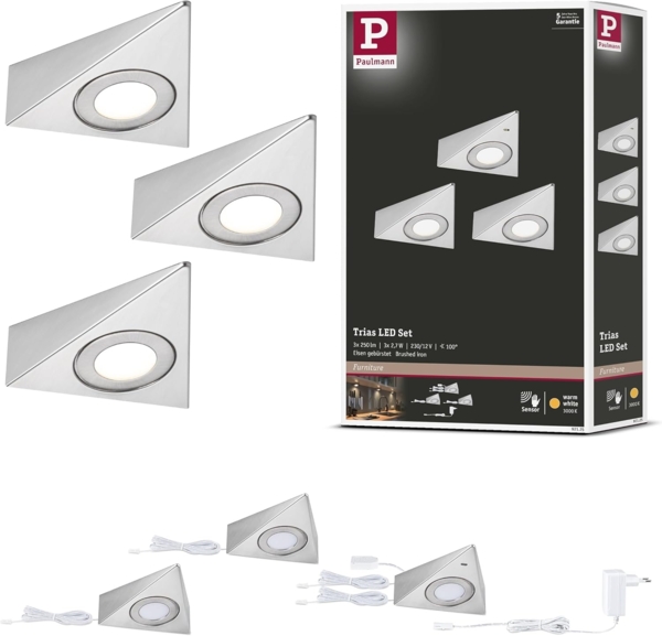 Paulmann 92125 LED Unterschrankleuchte Trias Näherungsensor 3er-Set 3000K eisen gebürstet