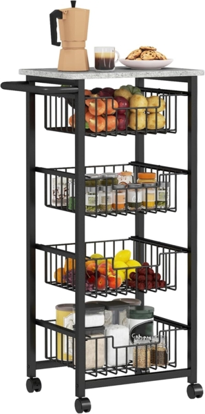 HOMCOM Servierwagen mit Arbeitsplatte, 4 ausziehbaren Stahlkörben, (Rollwagen, 1 St, Aufbewahrungswagen), für Küche, Hellgrau