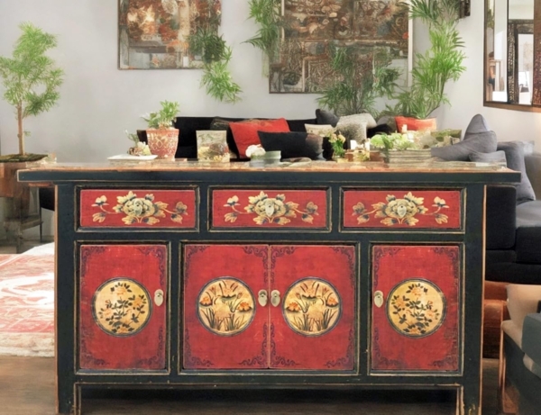 Vintage Sideboard Rot Schwarz Beige Kommode chinesisch Kolonial-Stil Antik-Stil Lowboard Schrank asiatisch orientalisch Fernost shabby-chic Landhaus
