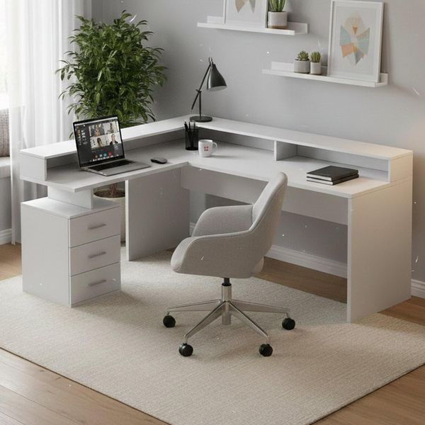 Dmora - Schreibtisch Salomone, Eckschreibtisch mit Platte, Mehrzweck-Büroschreibtisch, 180x90h160 cm, Weiß