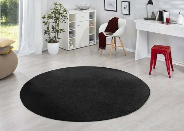 Runder Kurzflor Teppich Uni Fancy rund - schwarz - 133 cm Durchmesser