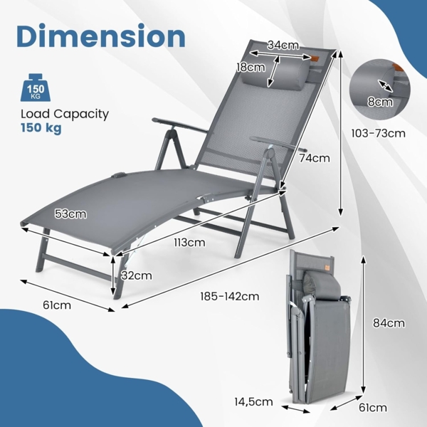 FANTASK Sonnenliege klappbar Outdoor mit 7 verstellbaren Rückenlehnen, Gartenliege mit Kopfstütze, Klappliege bis 150 kg belastbar (Grau) Bild 3