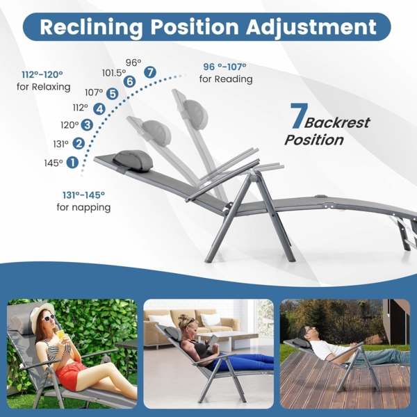 FANTASK Sonnenliege klappbar Outdoor mit 7 verstellbaren Rückenlehnen, Gartenliege mit Kopfstütze, Klappliege bis 150 kg belastbar (Grau) Bild 6