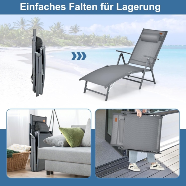 FANTASK Sonnenliege klappbar Outdoor mit 7 verstellbaren Rückenlehnen, Gartenliege mit Kopfstütze, Klappliege bis 150 kg belastbar (Grau) Bild 4