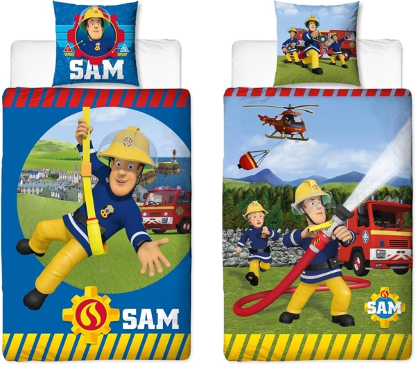 BERONAGE Kinderbettwäsche Feuerwehrmann Sam Bettwäsche Alarm 135x200 cm Linon/Renforcé, 2 teilig, 135x200 + 80x80 cm