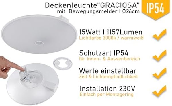 ChiliTec LED Deckenleuchte 26cm PIR Bewegungsmelder 15W 1157lm GRACIOSA Deckenlampe mit Sensor IP54 Licht 3000K warmweiß Bild 5