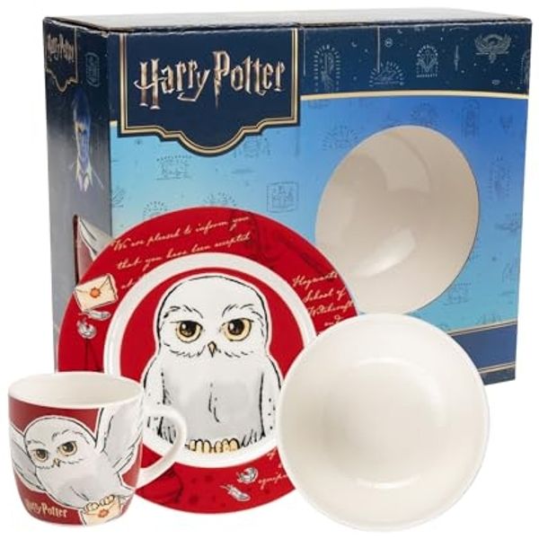 United Labels® Frühstücks-Geschirrset Harry Potter - Hedwig Eule - 3-teilig, 1 Personen, Porzellan