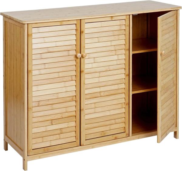 Badezimmerschrank HWC-B18, Badschrank Regal Badregal Kommode, 3 Türen Bambus 81x97x34cm