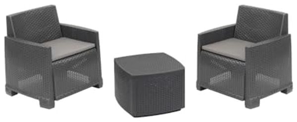 Dmora - Lounge-Set für draußen Laigueglia, Garten-Set mit 2 Sesseln und 1 Aufbewahrungstisch, Rattan-Effekt mit Kissen, 100% Made in Italy, Anthrazit
