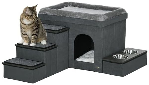 PawHut Tierbett Katzenhöhle Katzenhütte mit Treppe, Katzenhaus mit 2 Edelstahlnäpfen, für Katzen, Hunde bis 8 kg, Polyester, 78 x 48 x 49,5 cm, Grau