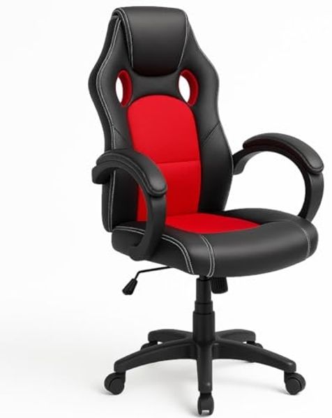 BAKAJI Sportlicher Bürostuhl, Drehstuhl, Bürostuhl, 4 Rollen, 360 ° drehbar, Modell Racer Gaming Extra Luxus Kunstleder Schwarz und Stoff (Rot)