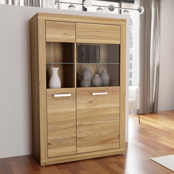 Forte BACCIO Vitrine 100, Moderne Wohnzimmervitrine, 2-türig, Glasfront, Holzwerkstoff, Mauvella Eiche Holzdekor, 93 cm breit x 145,9 cm hoch x 41 cm tief