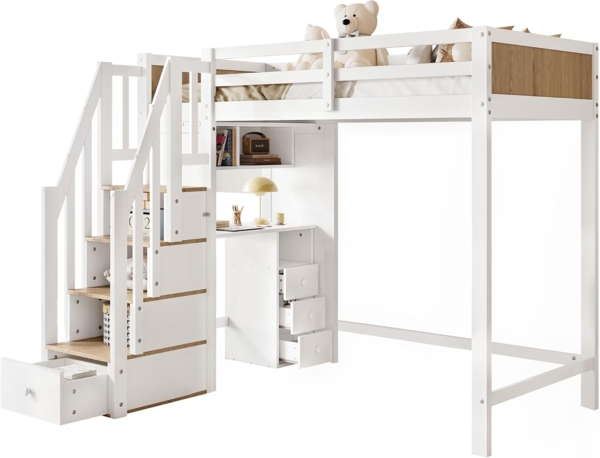 SOFTWEARY Hochbett mit Schreibtisch und Aufbewahrung (90x200 cm) Kinderbett mit Rausfallschutz, Kiefer