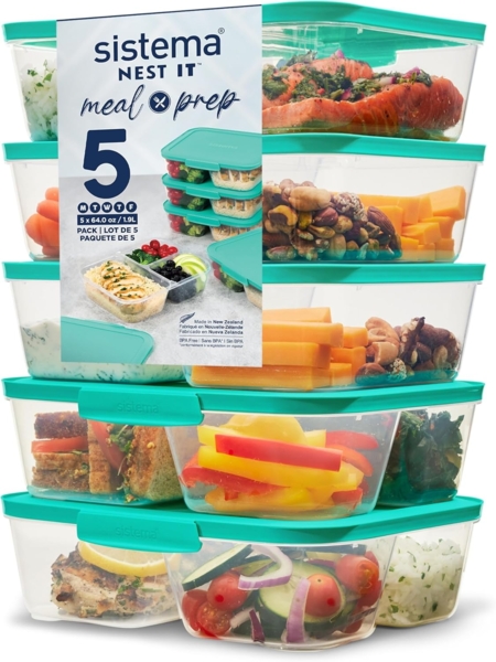 Sistema Nest IT Frischhaltedosen Meal Prep Boxen | 1,9 l luftdichte Vorratsdosen mit DREI Fächern und Deckeln | Grün | 5 Stück