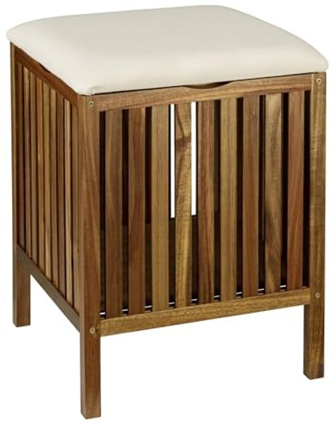 WENKO Bad- & Wohnhocker Mod. Fondi aus massivem Akazienholz mit abnehmbarem Deckel und beigem Sitzpolster Maße 39 x 52 x 39 cm Farbe Braun Beige