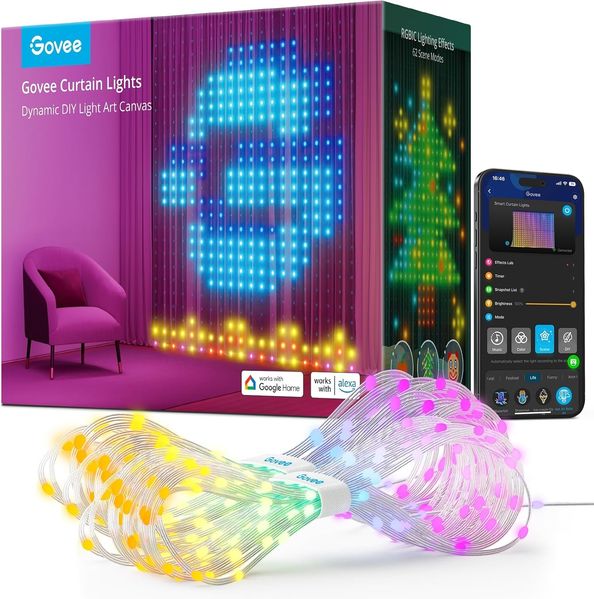Govee Curtain Lights, 520 RGBIC LEDs Lichterkette, DIY Lichtmuster, Smart LED Vorhang 86+ Modi, IP65 Wasserfest, kompatibel mit Alexa für Zimmer, Party Deko (1,5×2m)