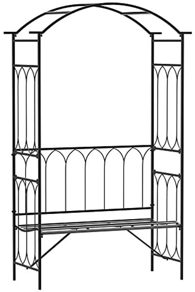 Outsunny Gartenbank Laubenbank Philosophenbank Rankgitter Rankhilfe (Rosenbank, 1-St, Rosenbogen mit Bank), Metall Schwarz 115 x 50 x 203 cm