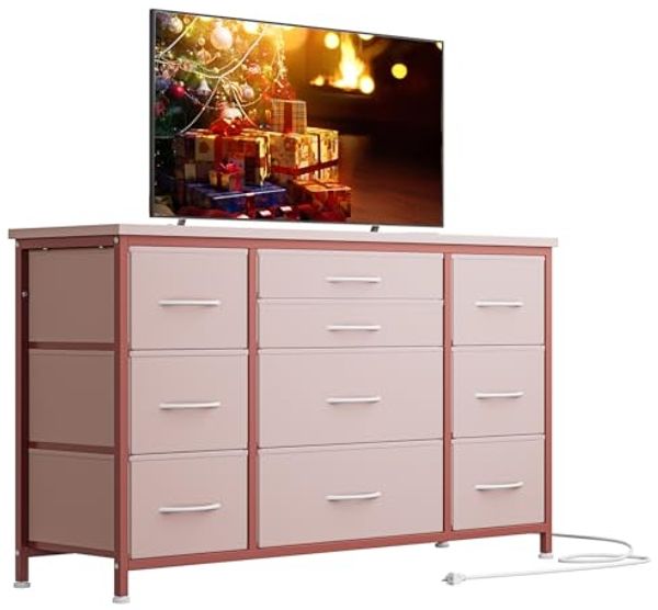 Baloveby Kommode Mit Schubladen, Sideboard Mit 10 Stoffschubladen & 3 Steckdose, Komodenschrank Wohnzimmer, Sideboard Flur, Aufbewahrungseinheit Mit Stoff, Stabiler Metallrahmen, Holztischplatte