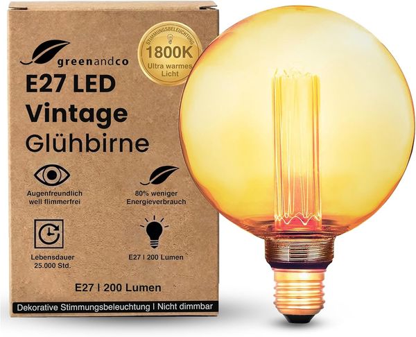 greenandco Vintage Design LED Birne zur Stimmungsbeleuchtung | E27 G125 | gold | 4W 200lm | 1800K extra warmweiß | 320° | 230V | flimmerfrei | nicht dimmbar | Edison Glühbirne