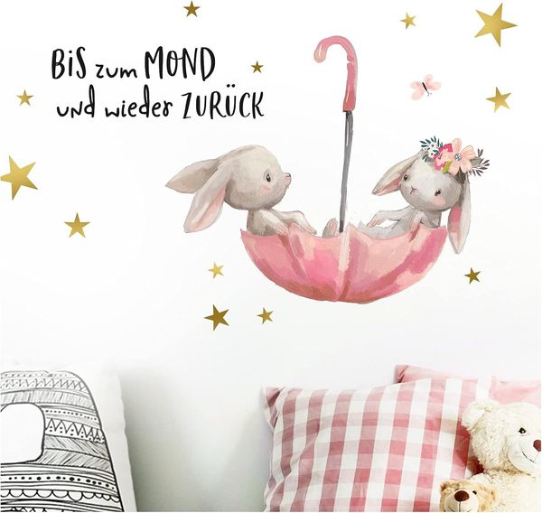 Little Deco 'Bis zum Mond/Hasen im Regenschirm' Wandtattoo Spruch