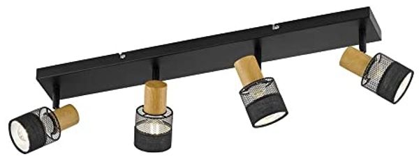 Deckenleuchte schwarz, Holzoptik, bewegliche Spots, L 65 cm